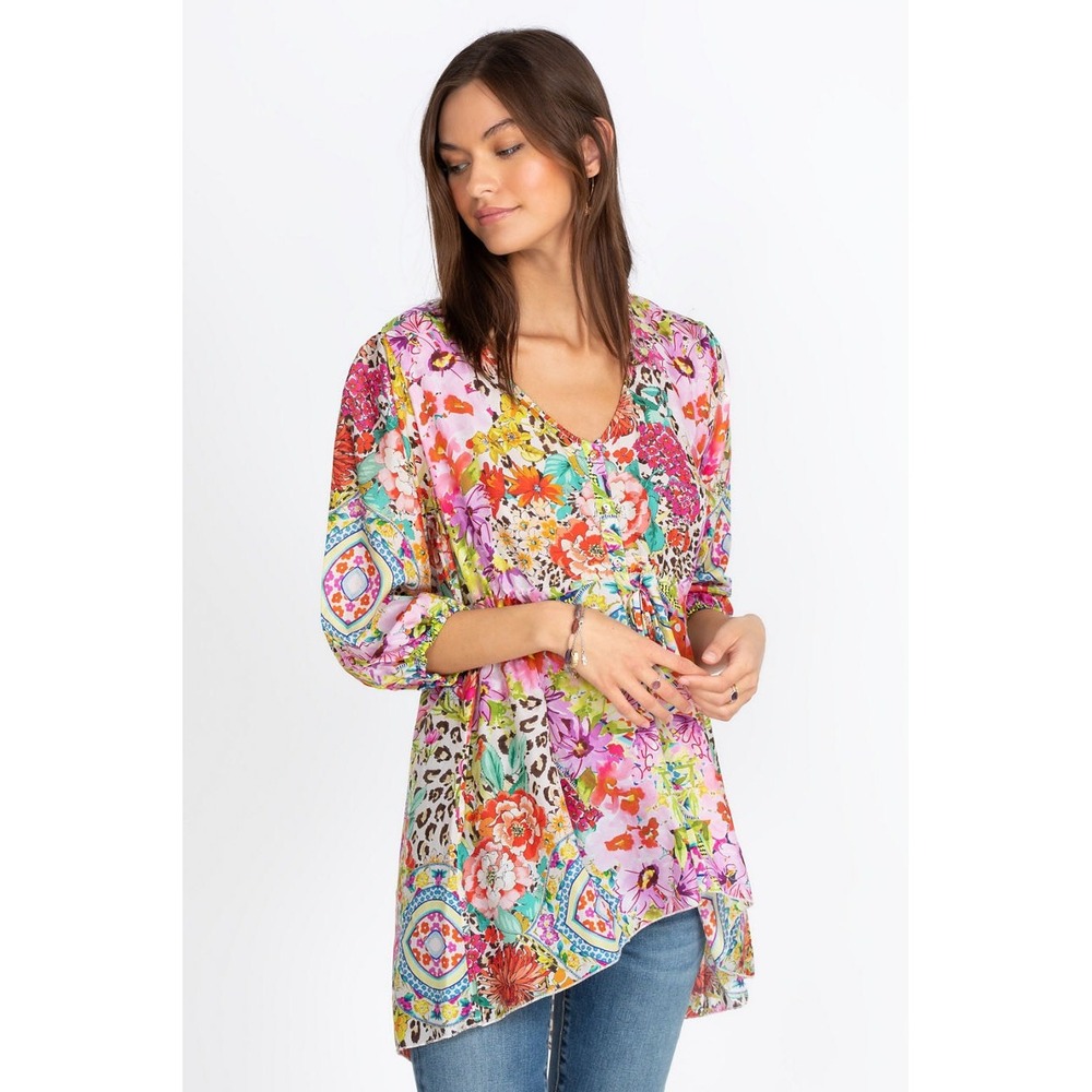 JOHNNY WAS Wild Garden Anora Tunic Top‎ Floral Lepard Silk Boho Multi M NWOT